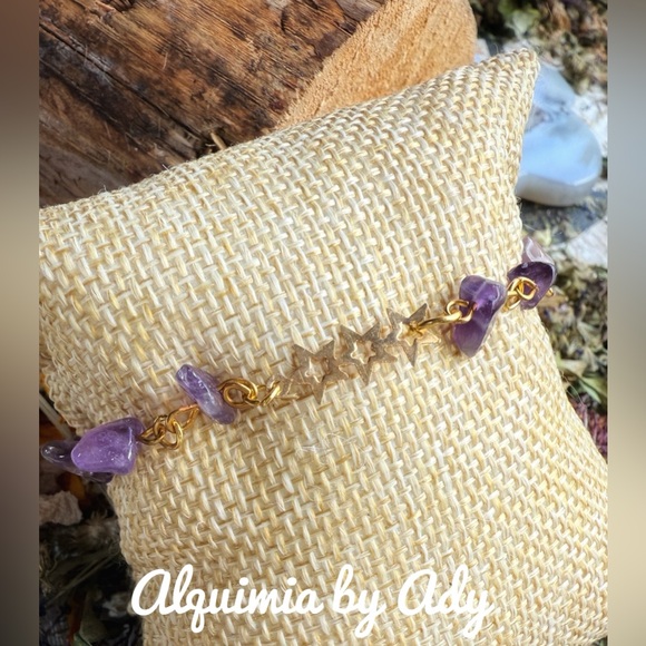 Gold star charms Amethyst beaded gemstone bracelet - Picture 2 of 2